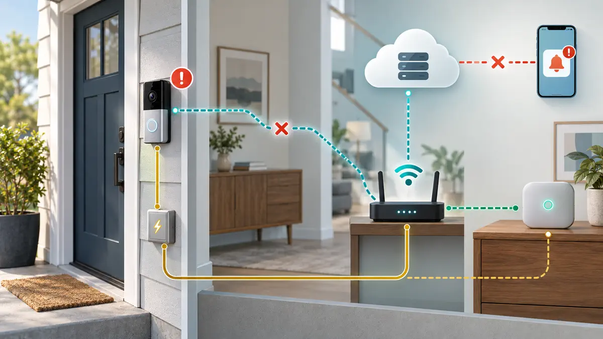 Doorbell camera offline troubleshooting scene showing power, Wi-Fi, cloud notification, and hub controller paths as separate failure layers