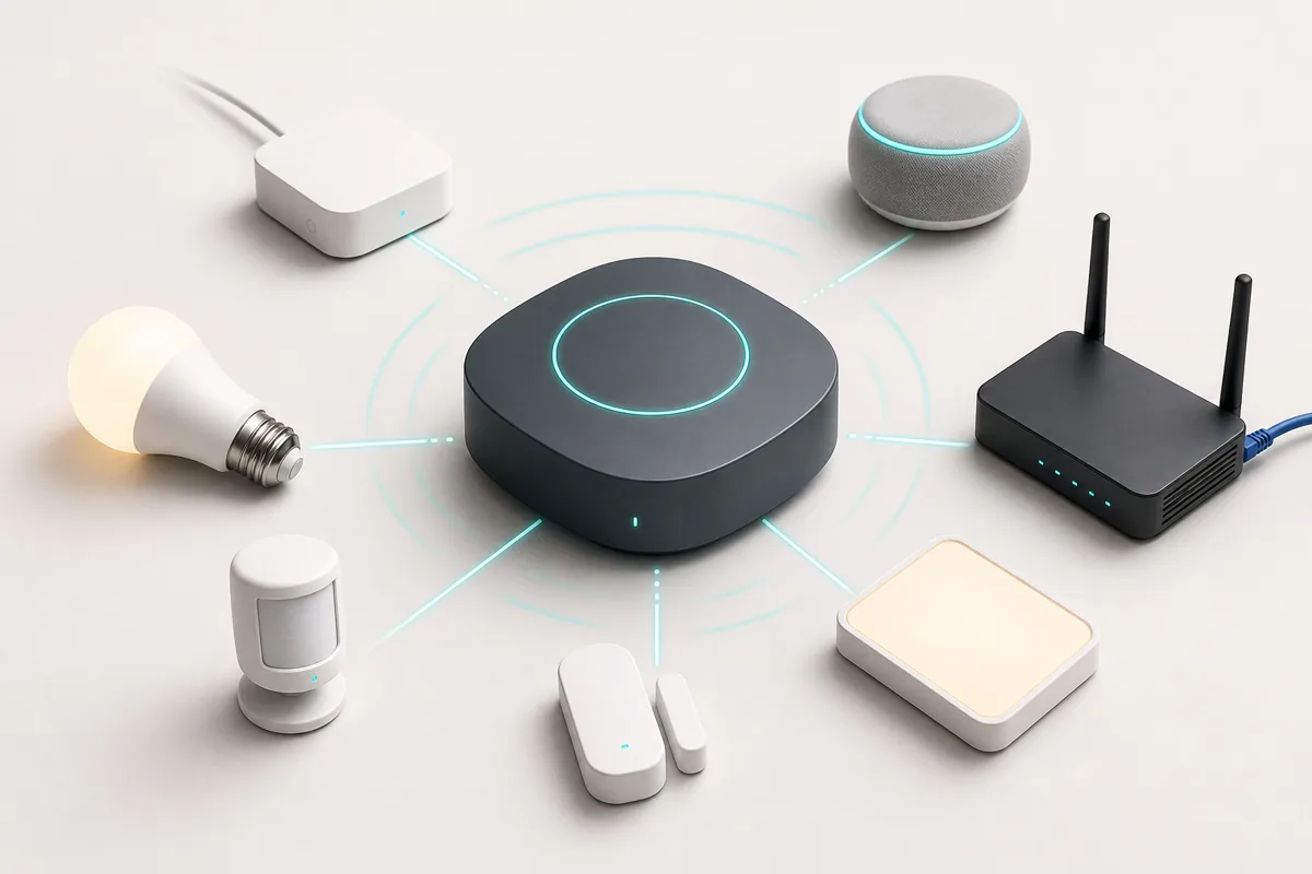Central smart-home hub coordinating bridges, voice assistants, network gear, and devices